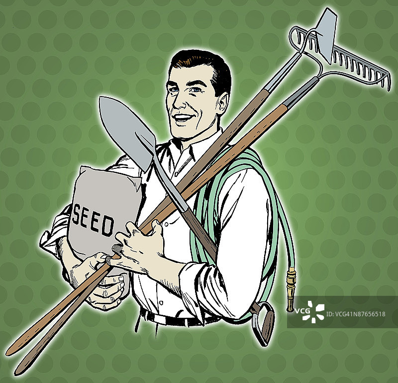 园丁拿着工具和一袋种子图片素材
