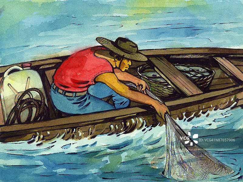 渔夫在水中撒网图片素材