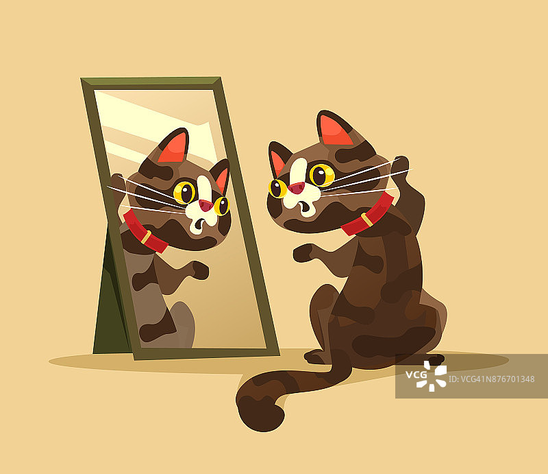 惊讶的好奇猫角色正在照镜子图片素材