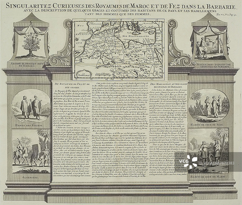 描绘摩洛哥王国的古董版画图片素材