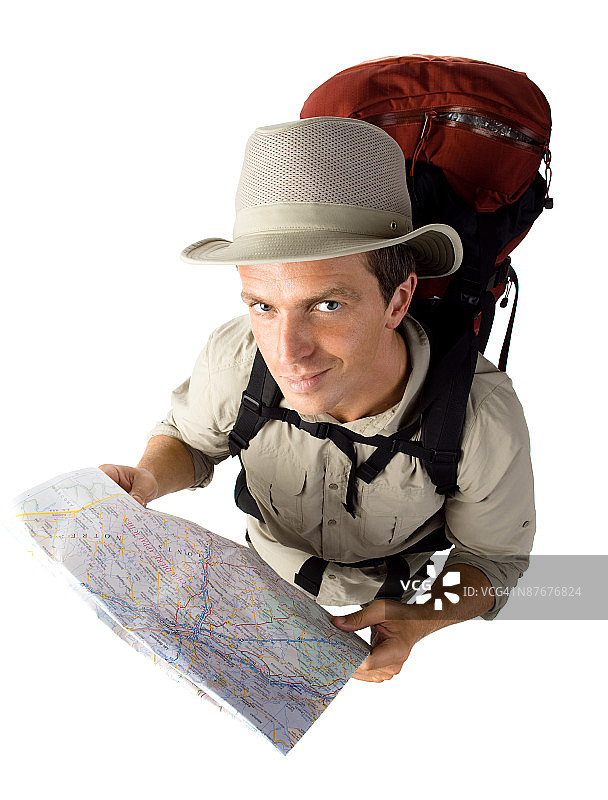 迷路徒步旅行者的高角度视图图片素材