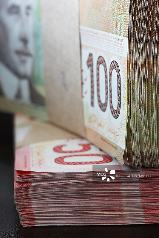 成捆加拿大钞票的特写图片素材