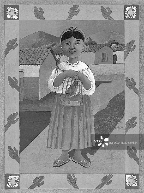 穿着传统服装的妇女站在窗边图片素材