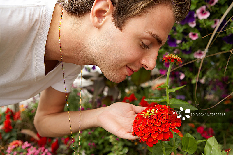 年轻男子在闻红花图片素材