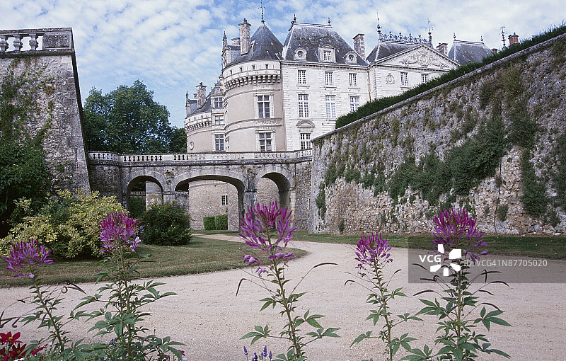 从开满野花的道路看欧洲豪宅图片素材