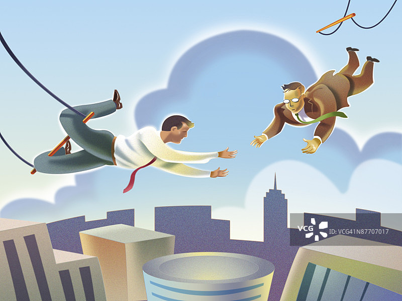 一对情侣在城市里跳跃图片素材