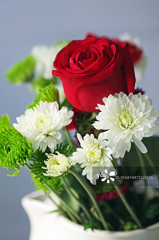 红玫瑰与白色、绿色花朵花瓶图片素材