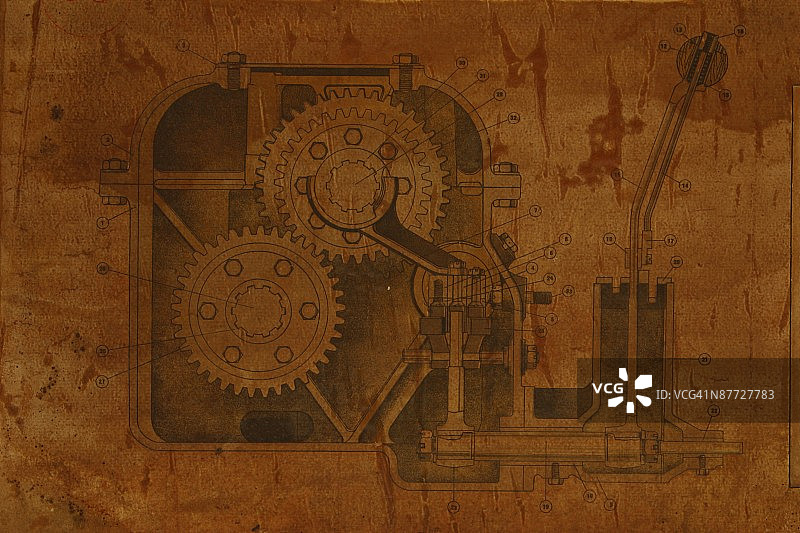 齿轮和齿轮的旧蚀刻图图片素材