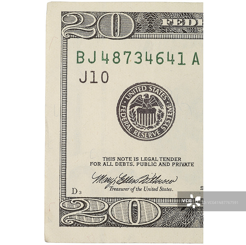 美国二十美元钞票一角的财政部印章图片素材