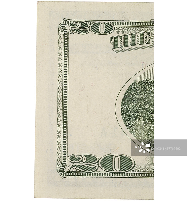 美国二十美元钞票一角的财政部印章图片素材