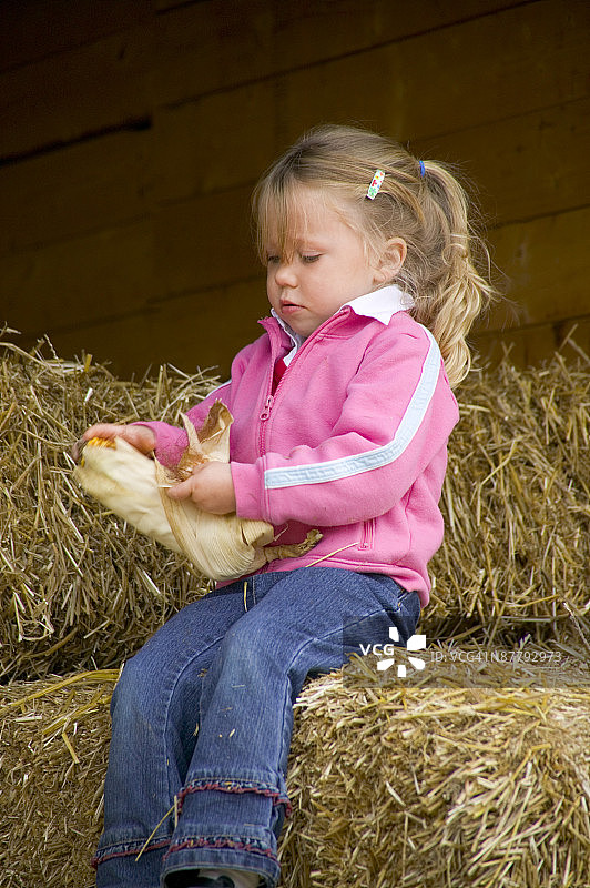 在干草堆上剥玉米棒的女孩图片素材