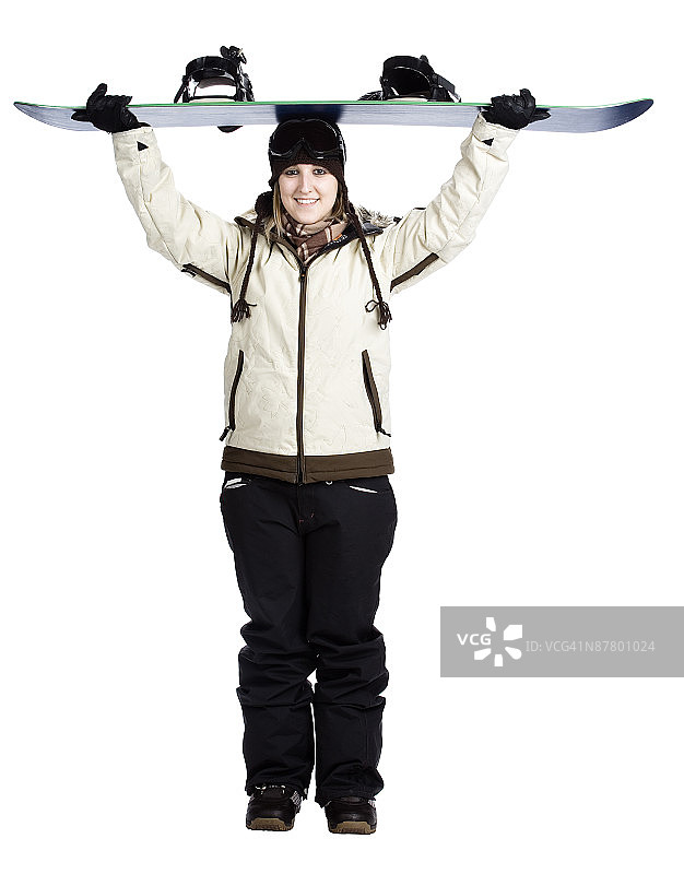女子头顶滑雪板图片素材