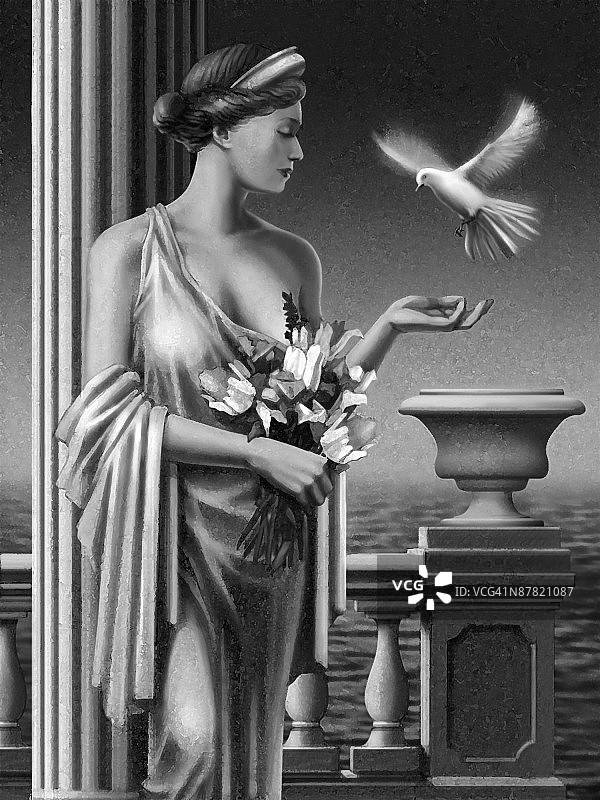 穿着传统服装的妇女手持花束的特写镜头图片素材