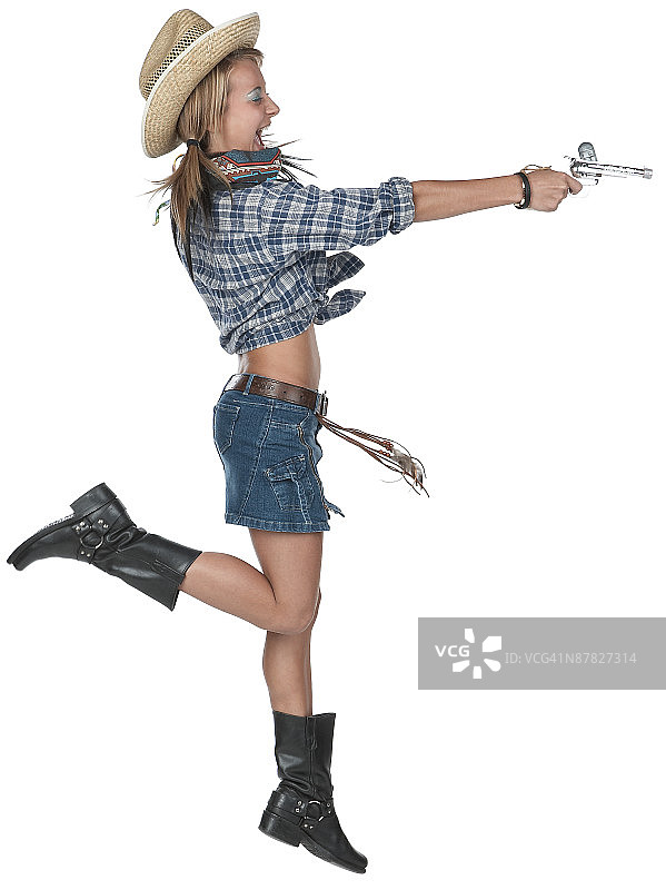 女牛仔侧面瞄准手枪图片素材