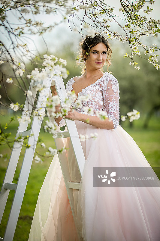 美丽的新娘在公园里拿着梯子图片素材