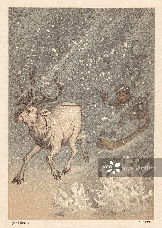 拉普兰驯鹿雪橇之旅（1883年石版画）图片素材
