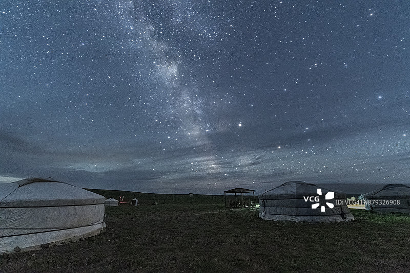 银河下的蒙古游牧民族传统蒙古包，位于蒙古国中戈壁省。图片素材