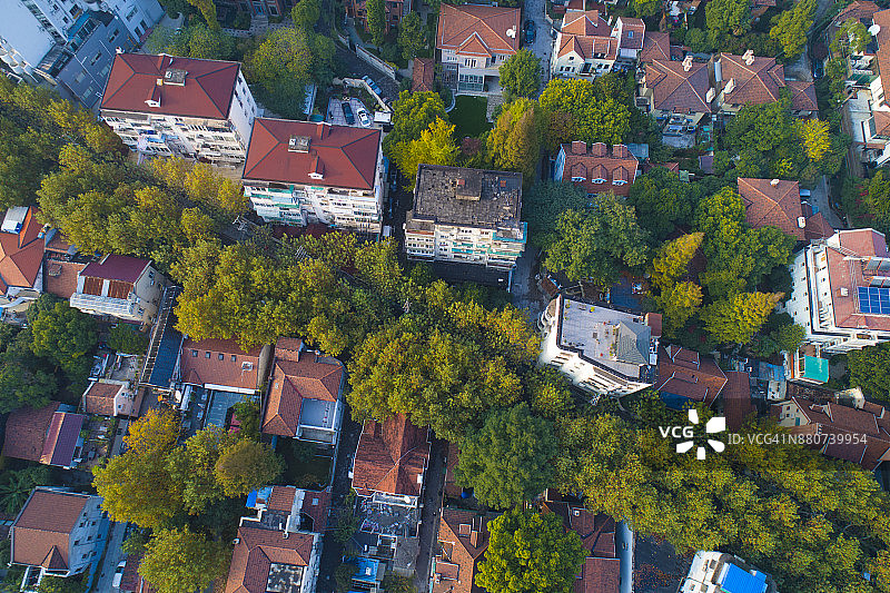 上海淮海路沿线百年老建筑秋季航拍景色图片素材