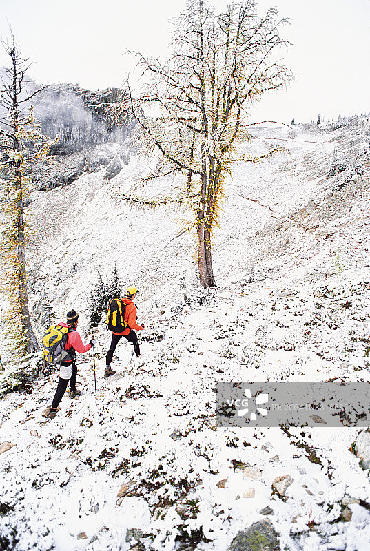 在白雪皑皑的山坡上徒步的徒步者图片素材