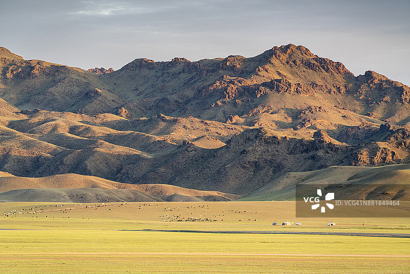 带有牲畜和山脉背景的游牧营地。蒙古国南戈壁省巴彦达莱地区。图片素材