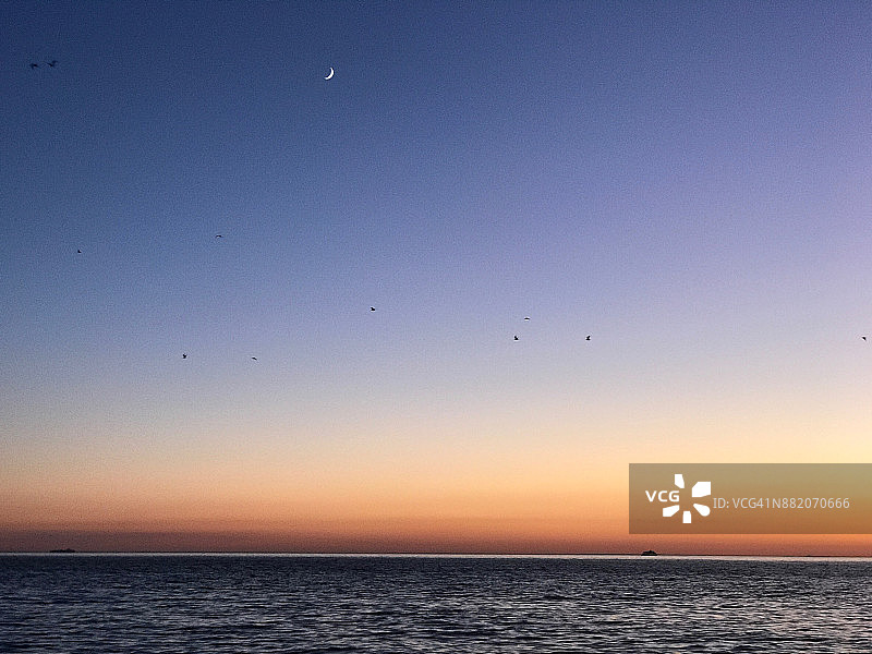 新泽西州海角梅德拉华湾的暮光天空中的新月图片素材