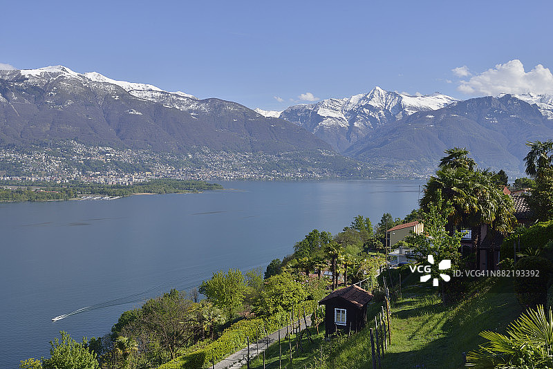 早春马焦雷湖风光：洛迦诺市和山顶积雪图片素材