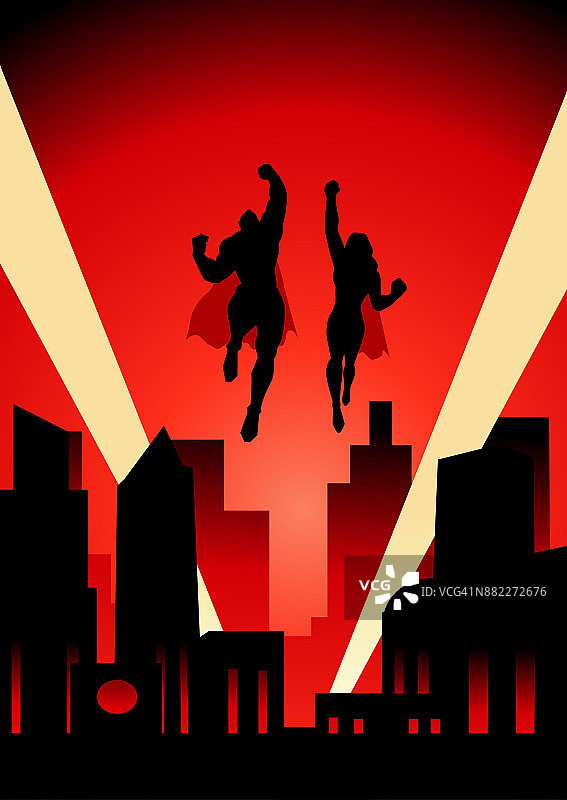 超级英雄情侣飞翔矢量复古插画图片素材