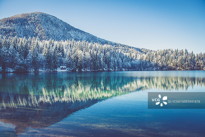 冬季湖面倒影中的美丽阿尔卑斯山图片素材