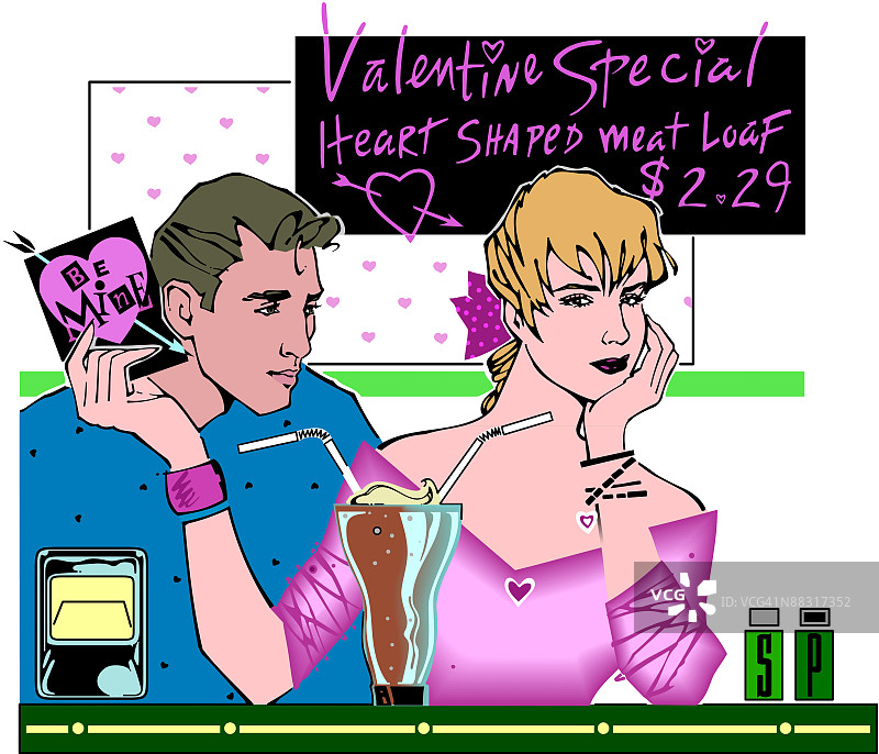 情侣在餐厅，标题为“情人节特餐”分层颜色图片素材