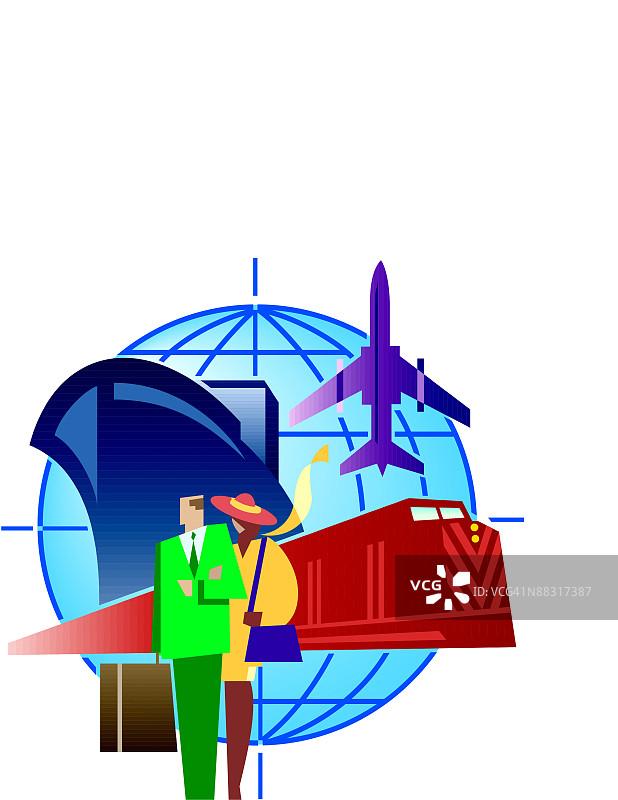 情侣地球仪飞机船火车彩色分层图片素材