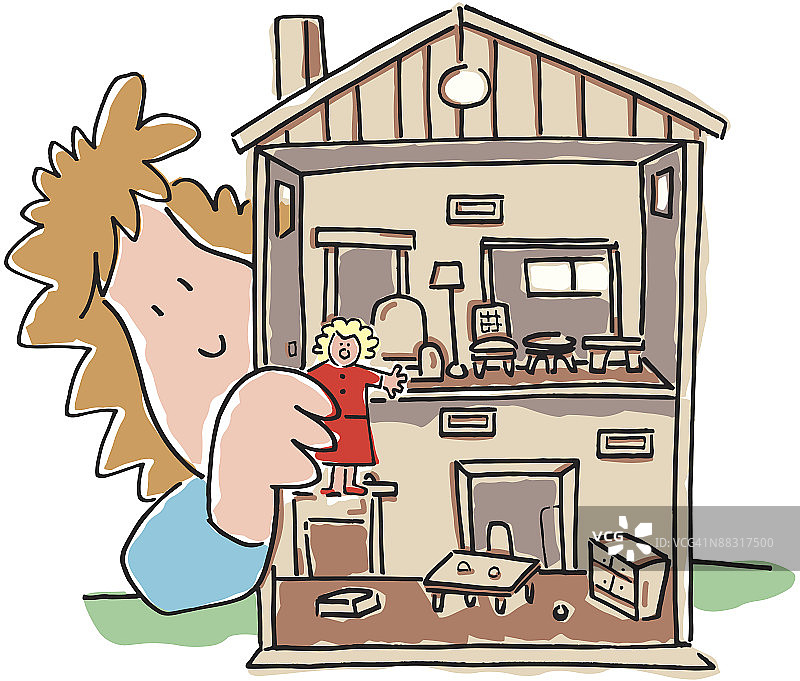 女孩玩娃娃屋彩色插画图片素材
