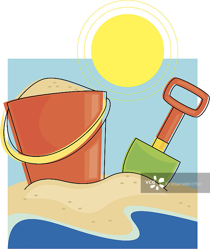 沙滩上的铲子和水桶图片素材