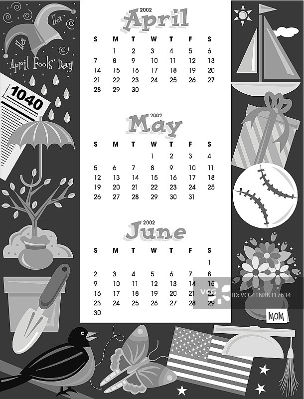 2002年4月至6月日历，含节假日元素，灰度分组元素图片素材