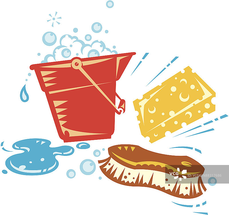 桶、海绵和擦洗刷图片素材