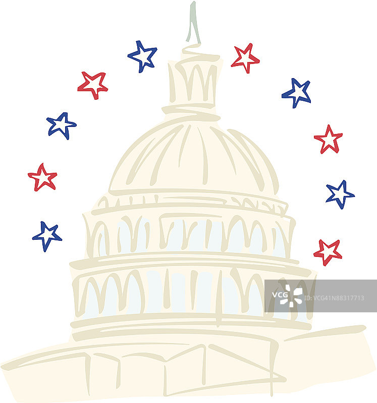 国会大厦圆顶星空彩色插画，团结一心，信任政府图片素材