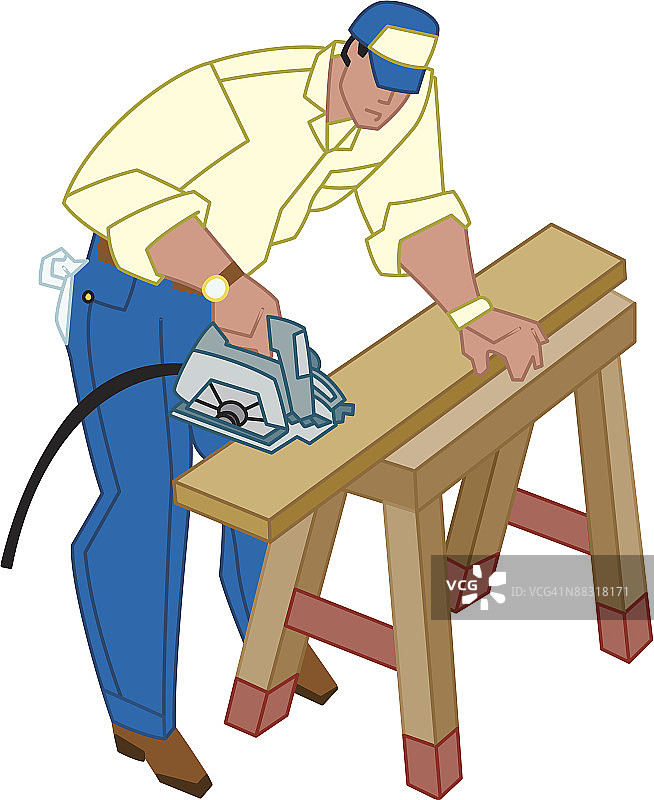 男人用圆锯切割木头图片素材