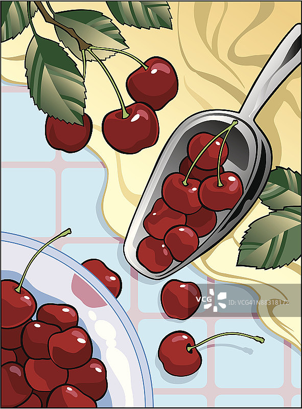 碗和勺子里的树枝樱桃，彩色图片素材