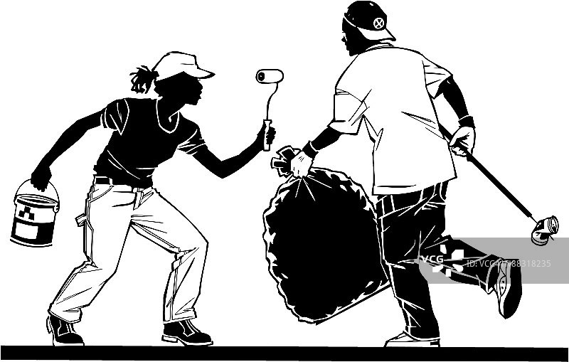 拿着油漆滚筒和垃圾袋的青少年图片素材