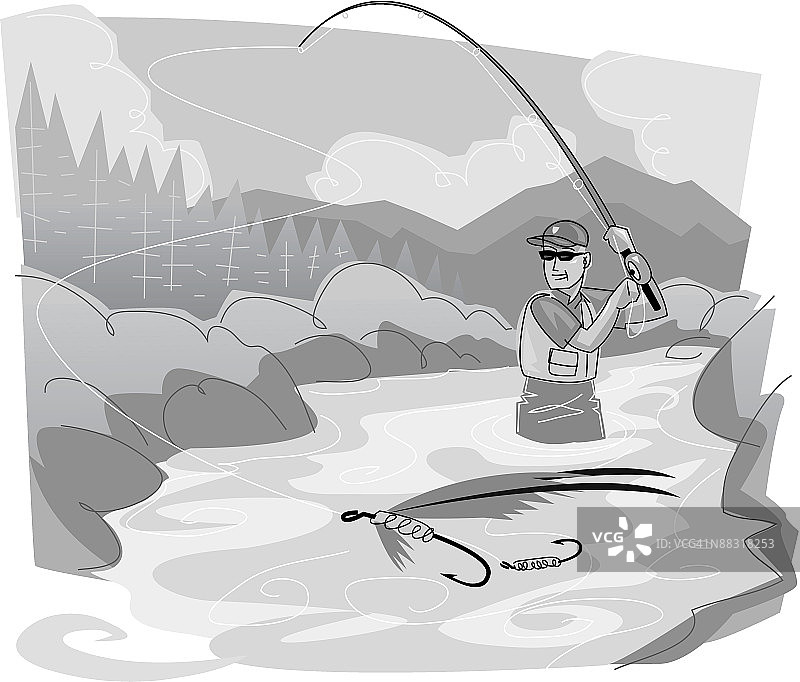 男子在河里飞蝇钓，灰度，分组元素图片素材