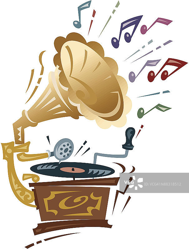 老式留声机，色彩分层插画，歌曲，过去的音乐图片素材