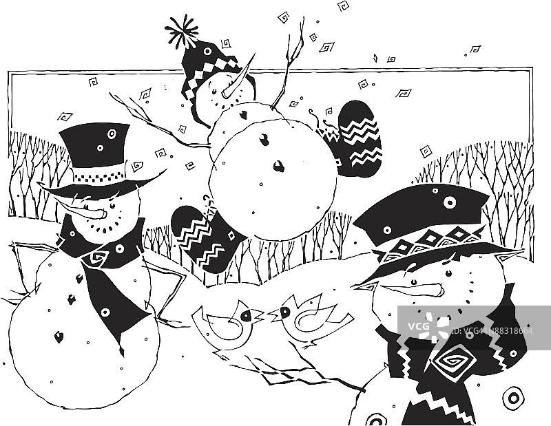 动画雪人玩耍（灰度图）图片素材