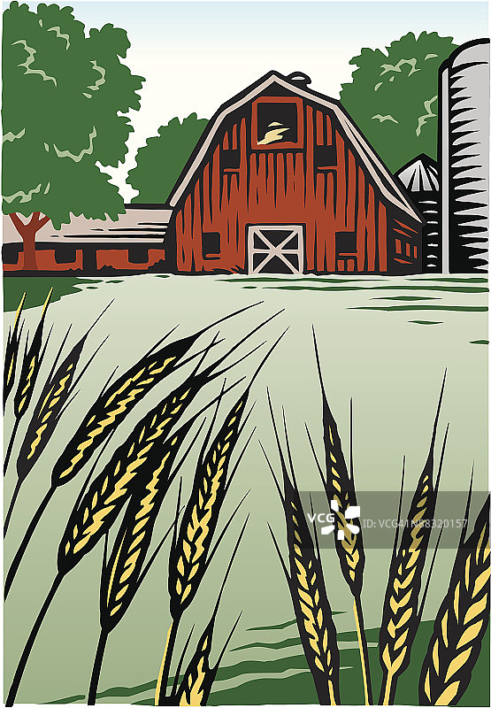 美国中西部粮田，元素组合，彩色插画，乡村粮食种植图片素材