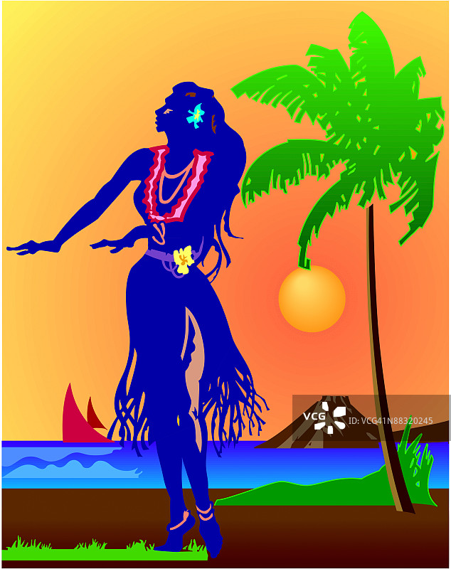 穿着草裙的女人和棕榈树图片素材