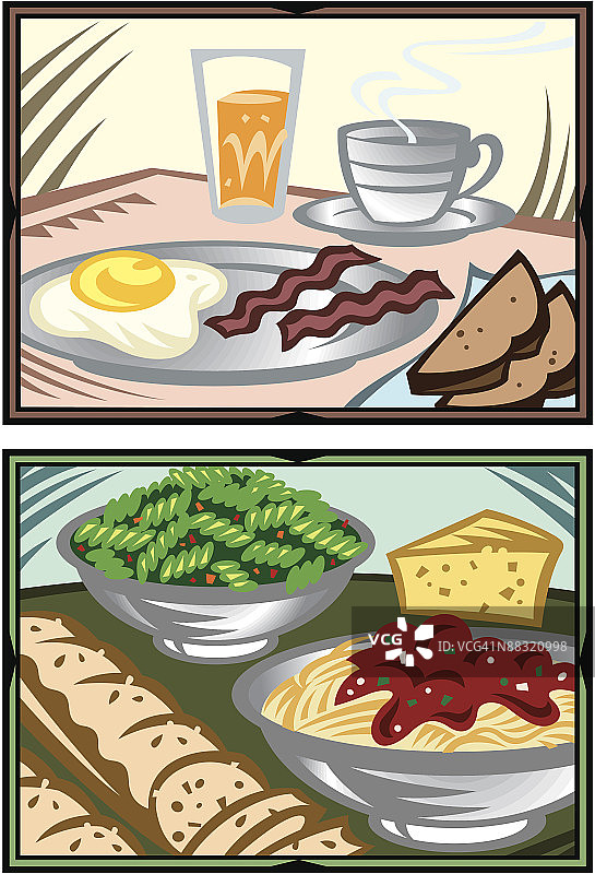 早餐和意大利美食：彩色分层，黑白可选图片素材
