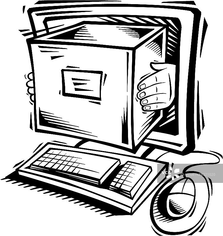 从电脑显示器中伸出手来拿着盒子图片素材