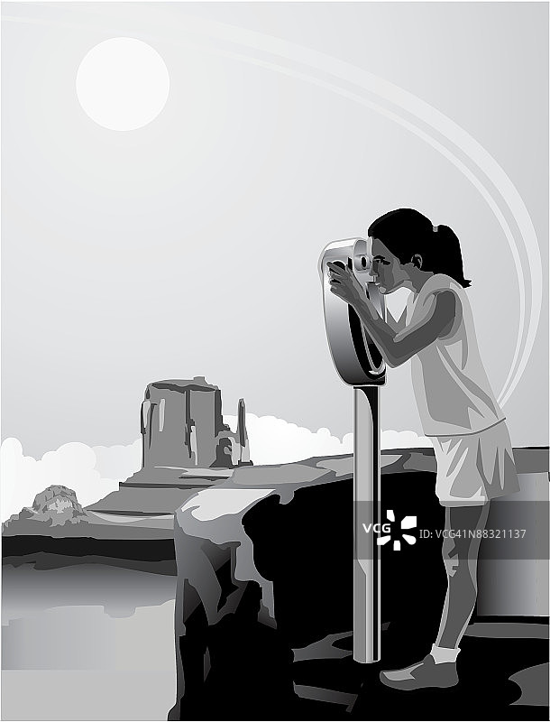 在纪念碑谷用取景器观察的女孩，灰度，分组元素图片素材