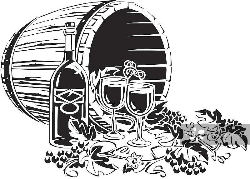 葡萄酒瓶和酒杯（酒桶背景）图片素材