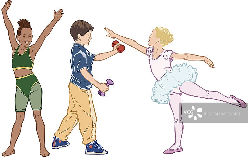女孩做体操、跳舞，男孩举杠铃，彩色插画图片素材