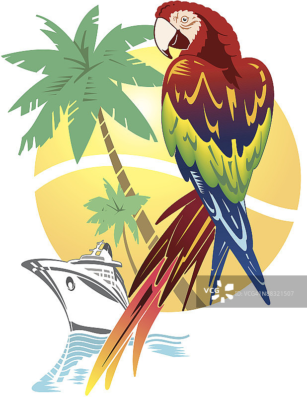 鹦鹉、阳光、棕榈树和游轮图片素材