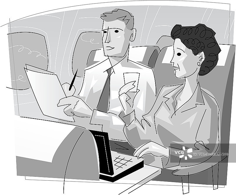 在飞机上工作的商务人士，灰度图片素材